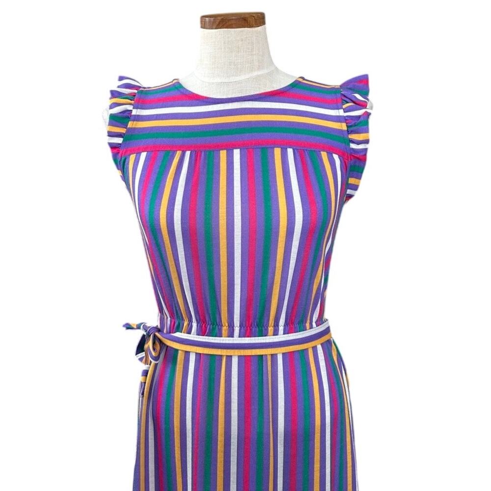 Vintage 70s iMi New York Multicolor Stripe Flutter Sleeve Midi Dress Sz S/M Belt - Picture 2 of 10